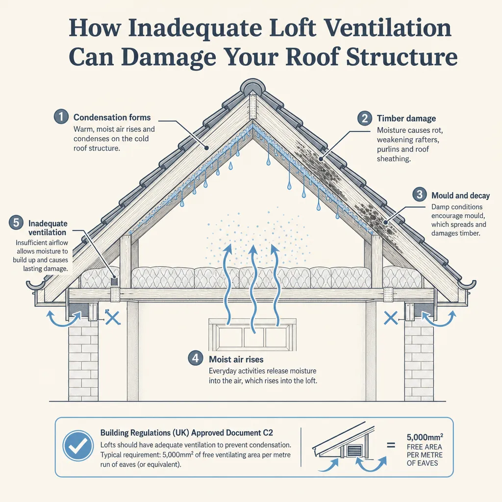 Diagram illustrating: How Inadequate Loft Ventilation Can Damage Your Roof Structure