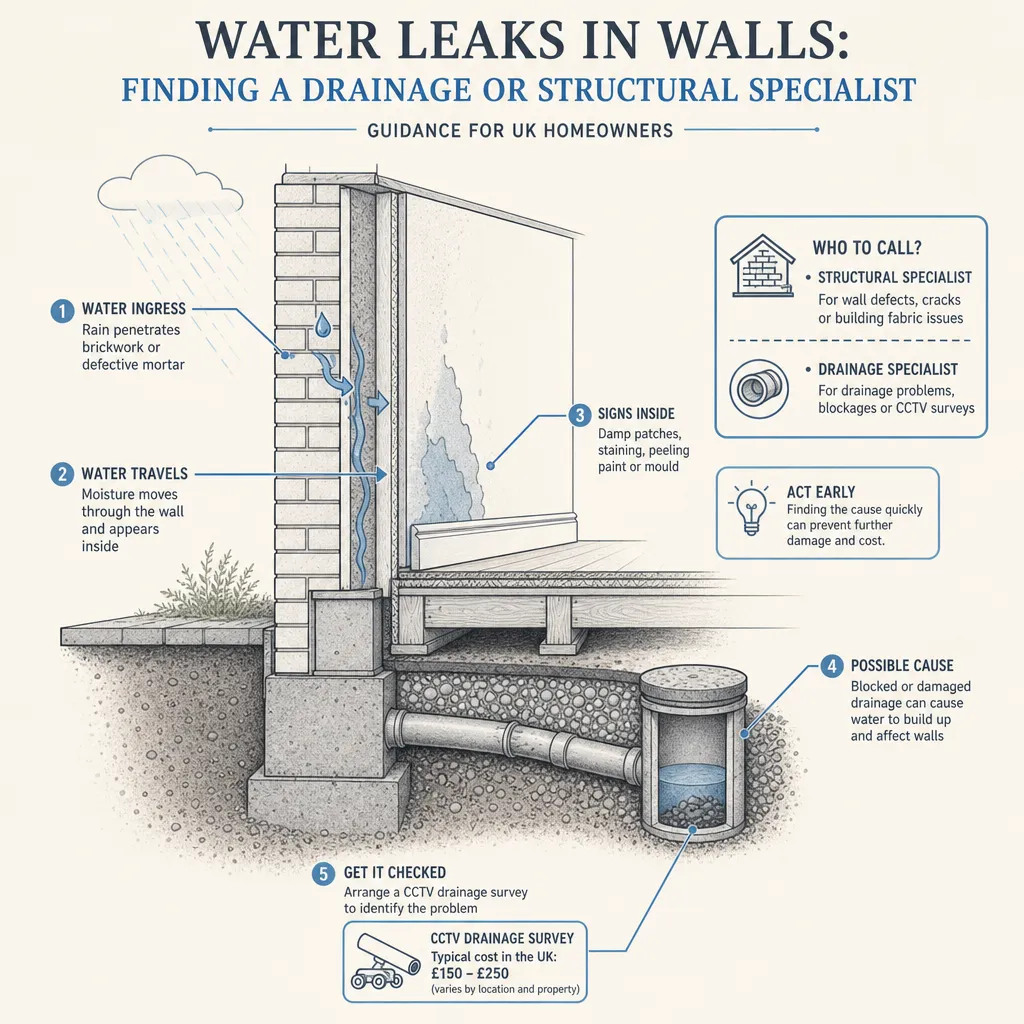 Diagram illustrating: Water Leaks in Walls: Finding a Drainage or Structural Specialist