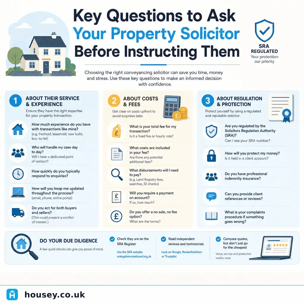 Infographic illustrating: Key Questions to Ask Your Property Solicitor Before Instructing Them