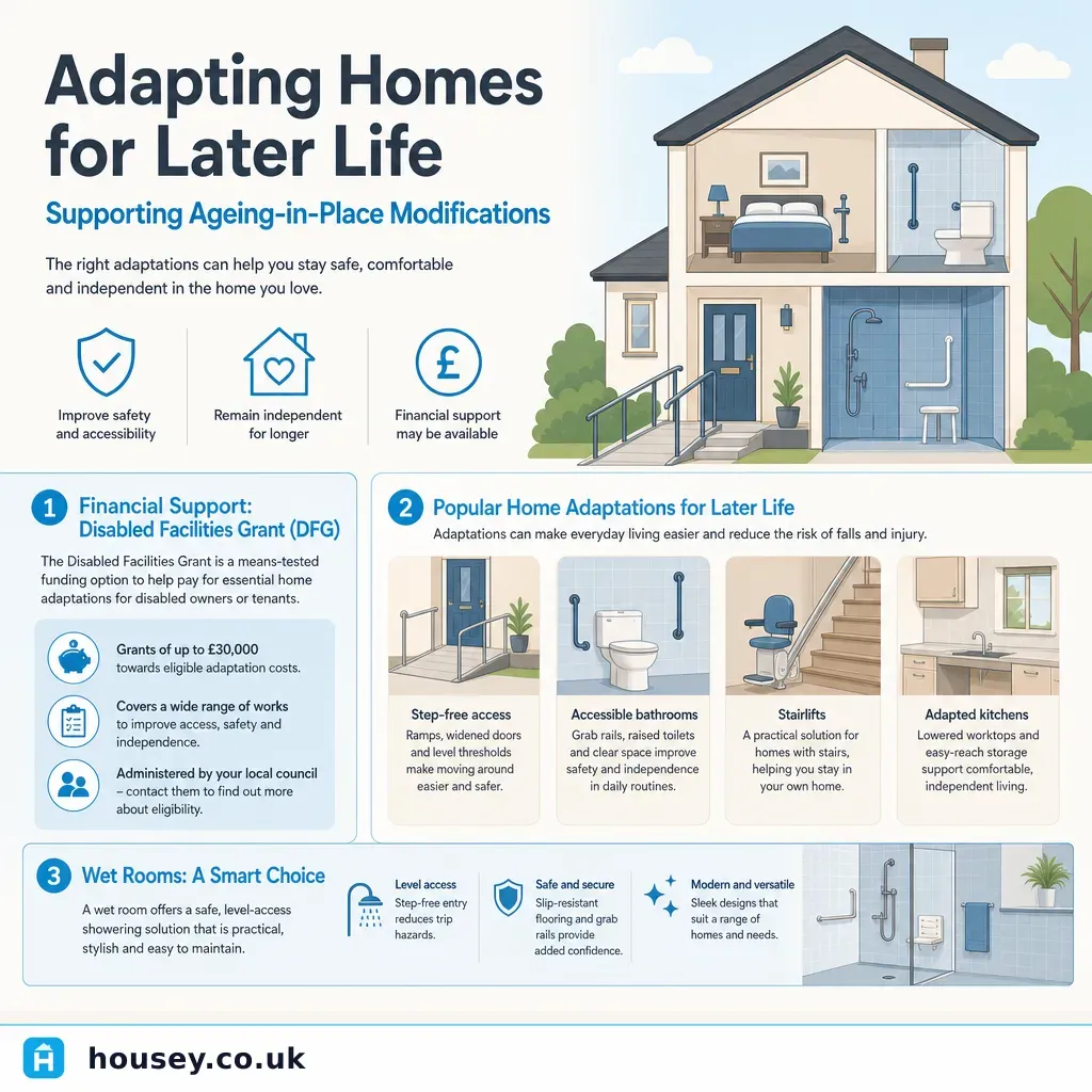 Infographic illustrating: Adapting Homes for Later Life: Supporting Ageing-in-Place Modifications