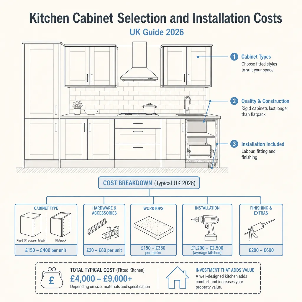 Diagram illustrating: Kitchen Cabinet Selection and Installation Costs