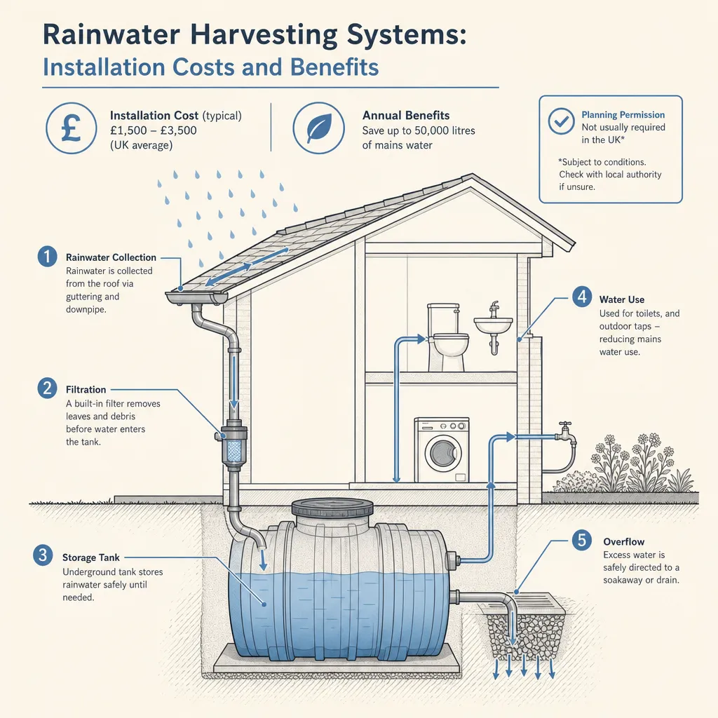 Diagram illustrating: Rainwater Harvesting Systems: Installation Costs and Benefits