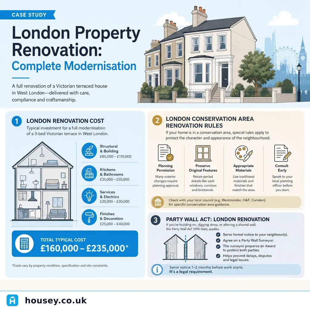 Infographic illustrating: London Property Renovation: Complete Modernisation Case Study