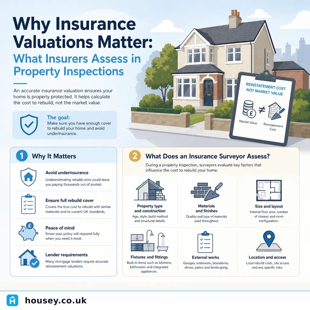 Infographic illustrating: Why Insurance Valuations Matter: What Insurers Assess in Property Inspections