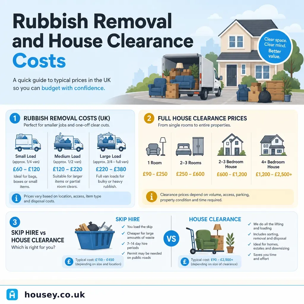 Infographic illustrating: Rubbish Removal and House Clearance Costs