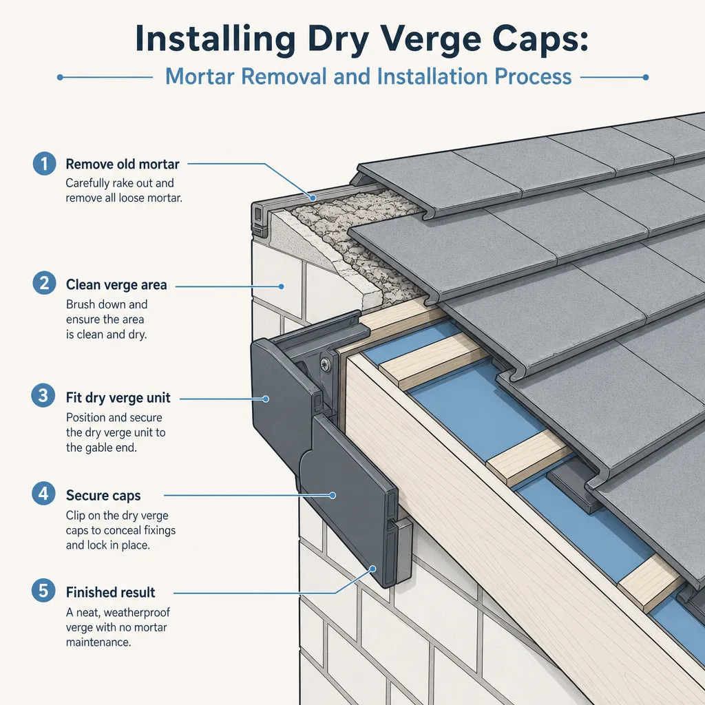 Diagram illustrating: Installing Dry Verge Caps: Mortar Removal and Installation Process