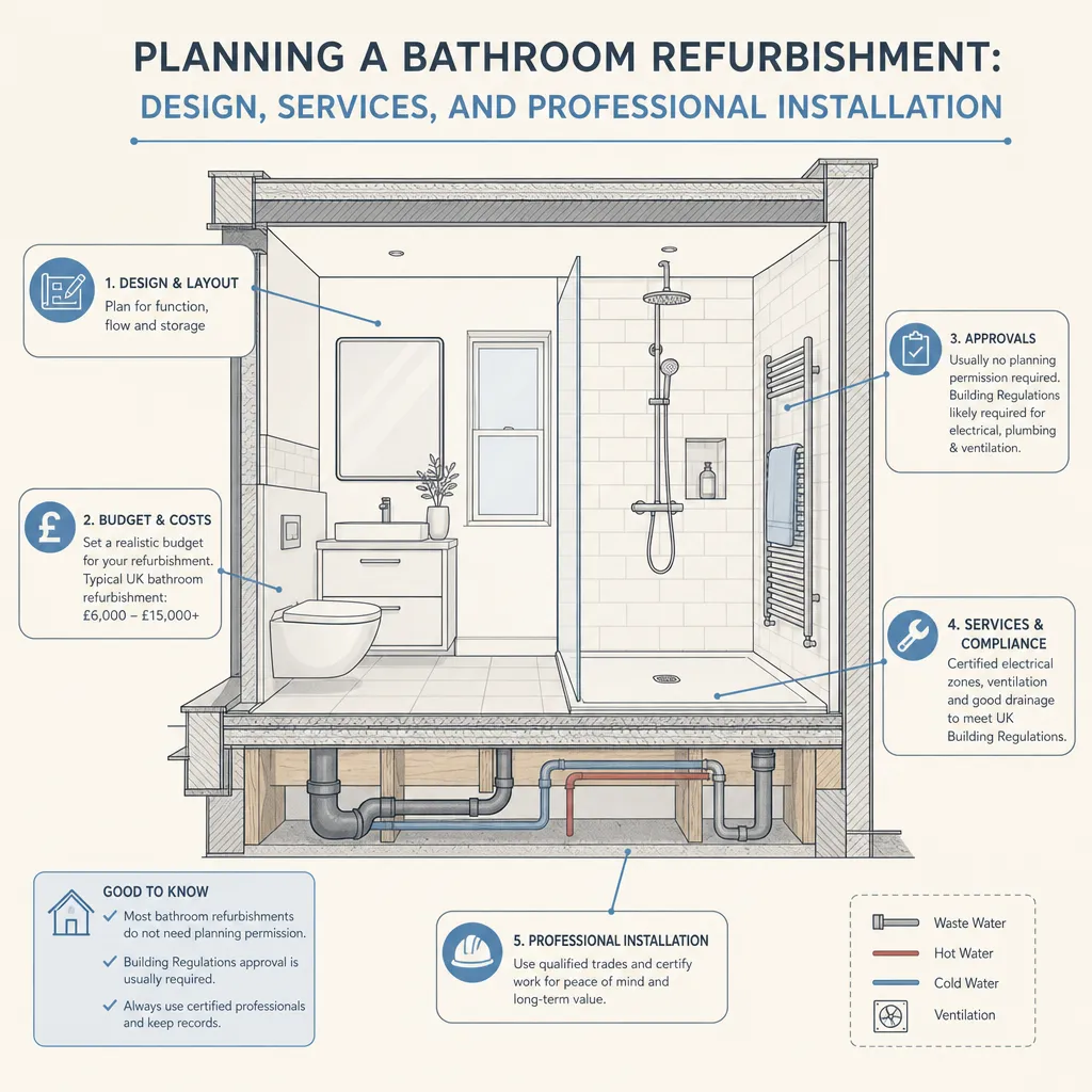 Diagram illustrating: Planning a Bathroom Refurbishment: Design, Services, and Professional Installation