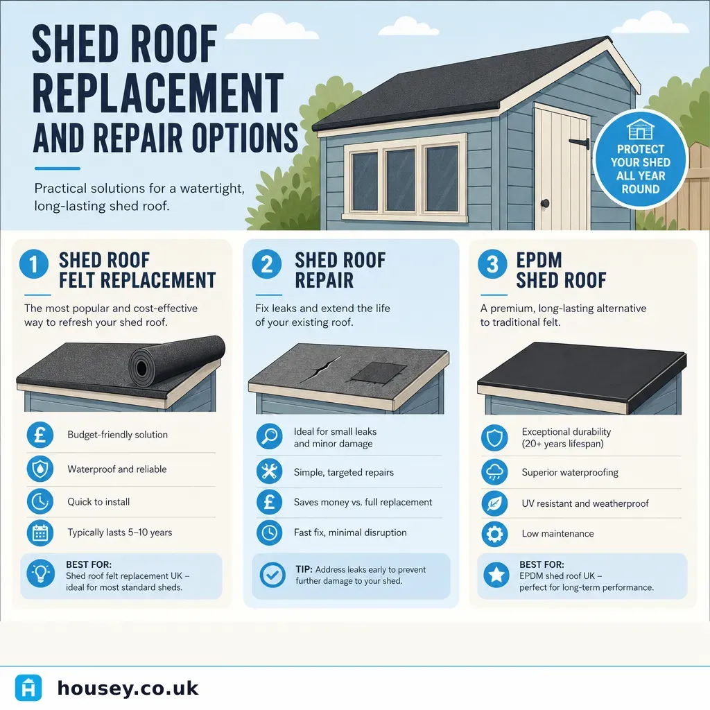 Infographic illustrating: Shed Roof Replacement and Repair Options