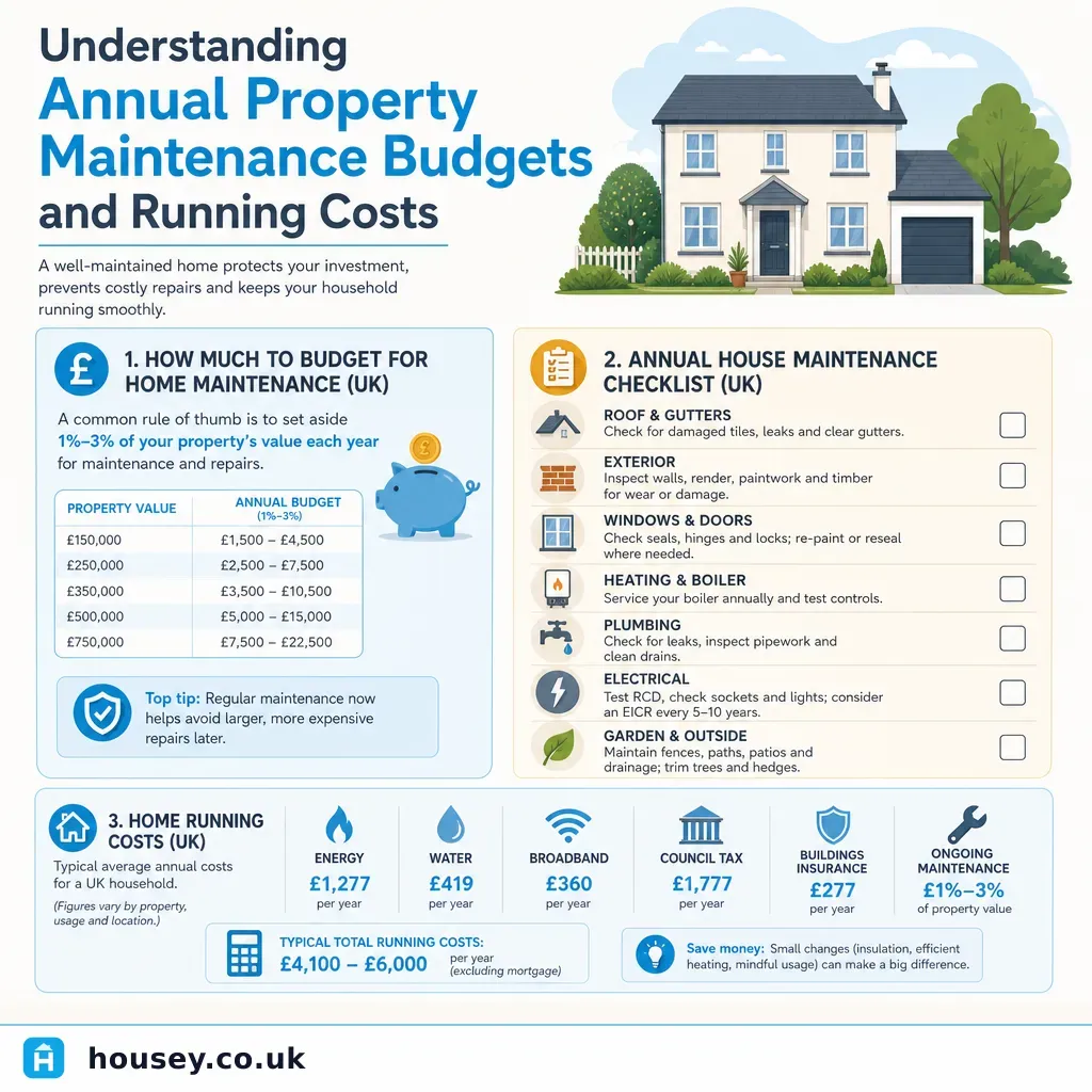 Infographic illustrating: Understanding Annual Property Maintenance Budgets and Running Costs