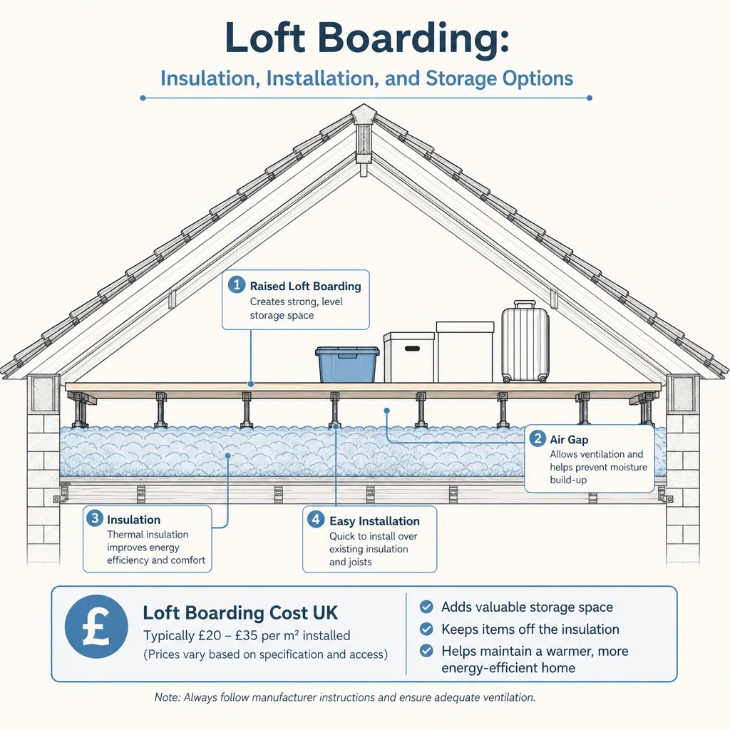 Diagram illustrating: Loft Boarding: Insulation, Installation, and Storage Options