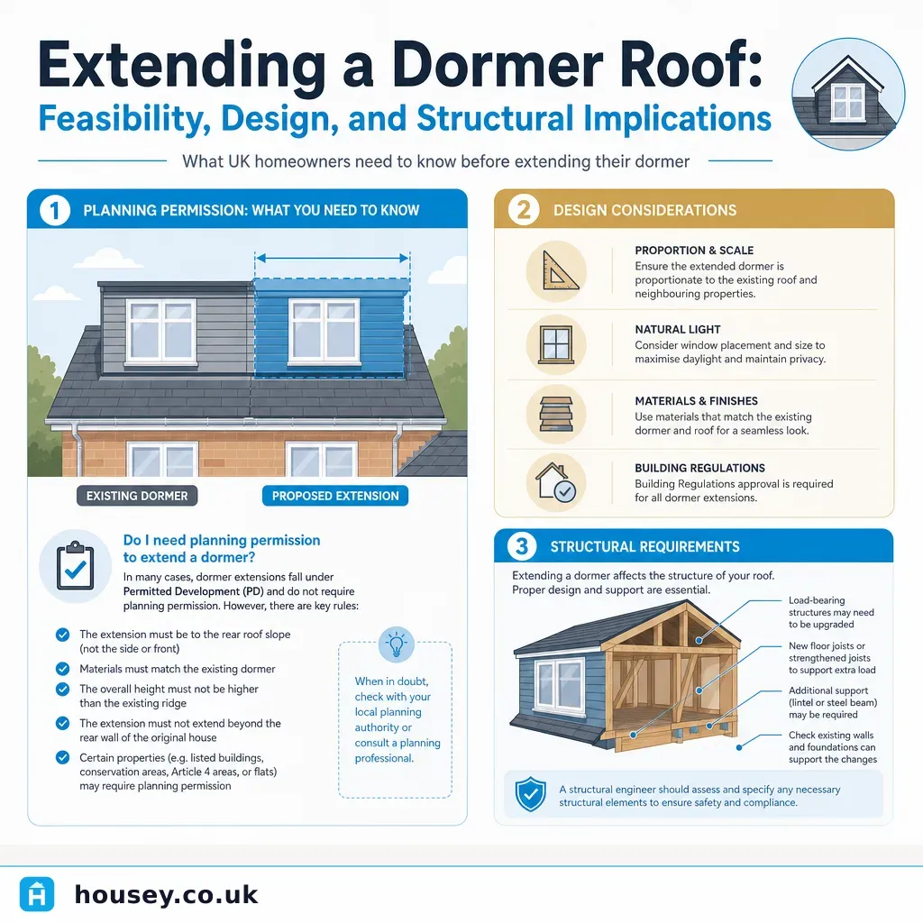 Infographic illustrating: Extending a Dormer Roof: Feasibility, Design, and Structural Implications