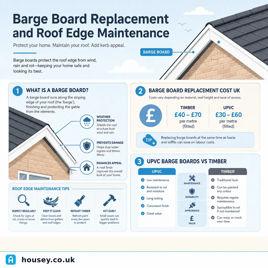 Infographic illustrating: Barge Board Replacement and Roof Edge Maintenance