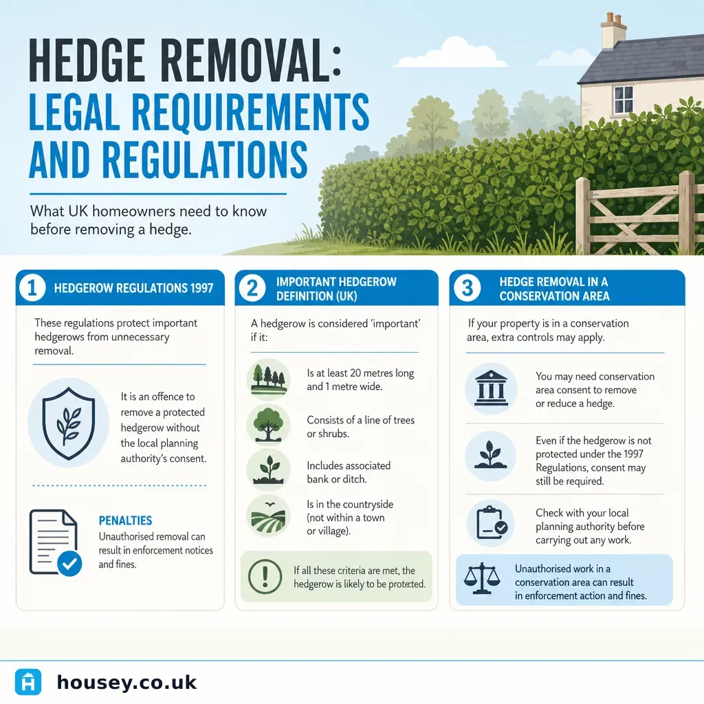 Infographic illustrating: Hedge Removal: Legal Requirements and Regulations