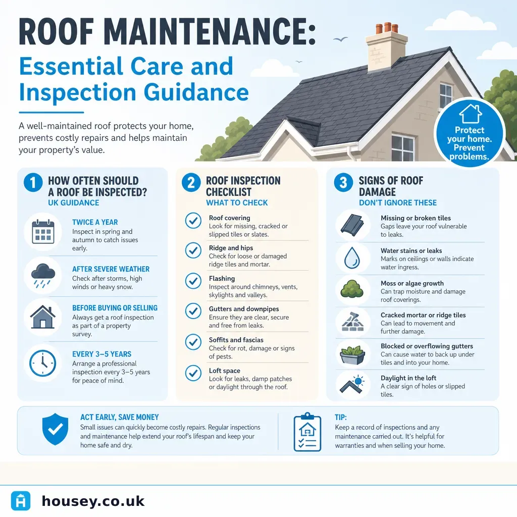 Infographic illustrating: Roof Maintenance: Essential Care and Inspection Guidance