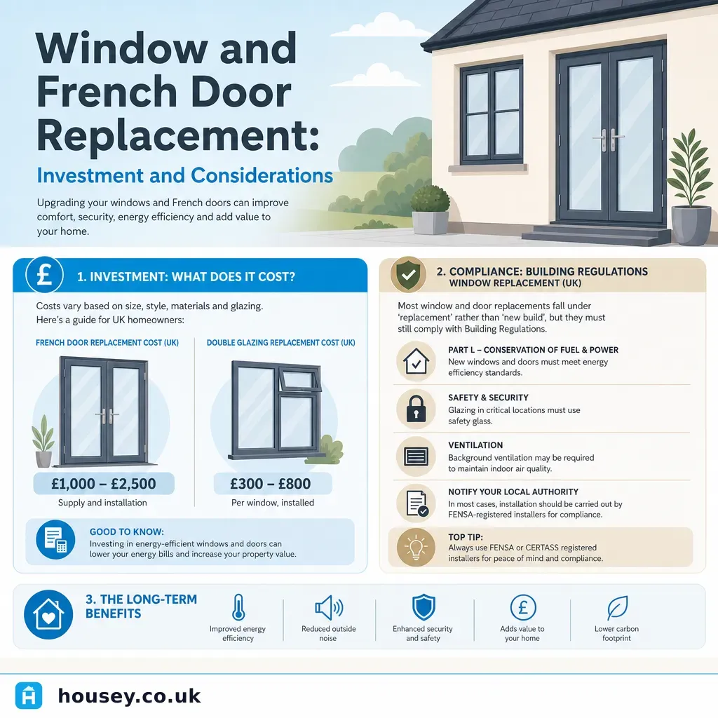 Infographic illustrating: Window and French Door Replacement: Investment and Considerations