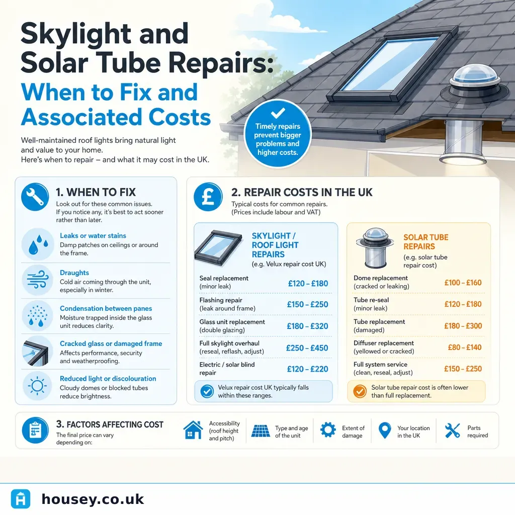 Infographic illustrating: Skylight and solar tube repairs: when to fix and associated costs