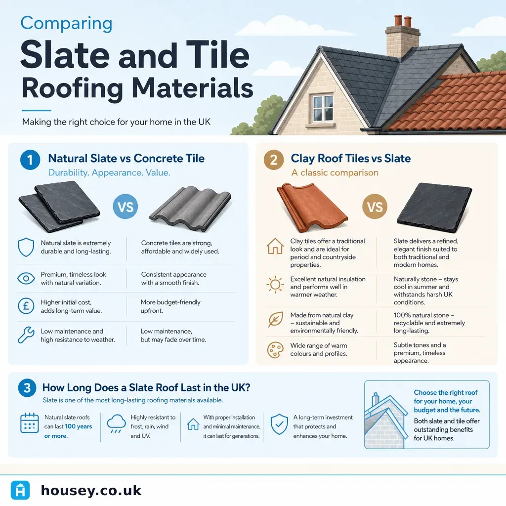 Infographic illustrating: Comparing Slate and Tile Roofing Materials