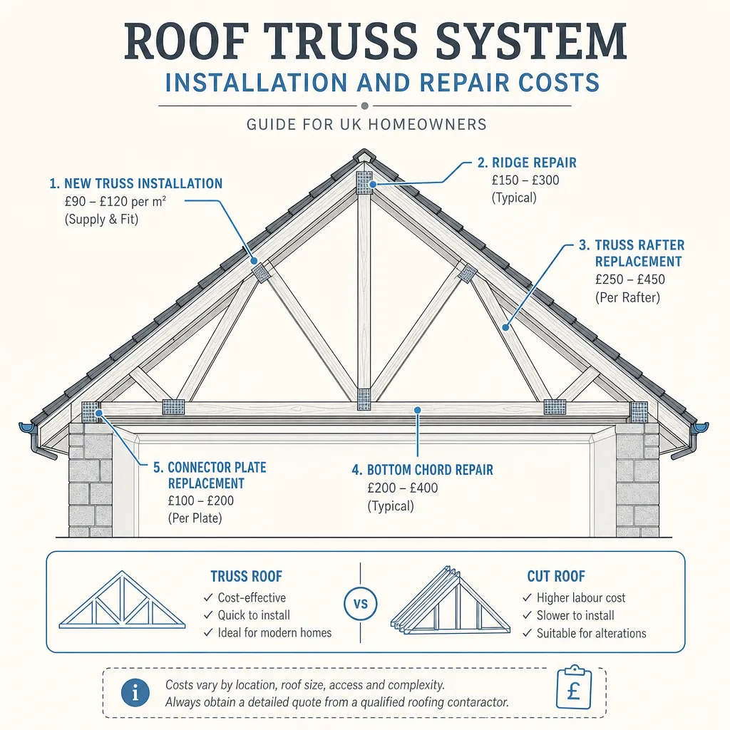 Diagram illustrating: Roof Truss System Installation and Repair Costs