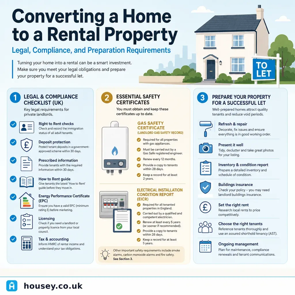 Infographic illustrating: Converting a Home to a Rental Property: Legal, Compliance, and Preparation Requirements
