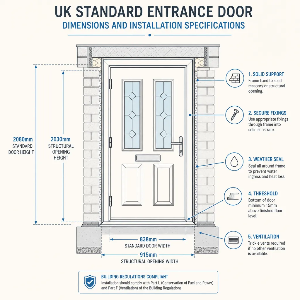 Diagram illustrating: UK Standard Entrance Door Dimensions and Installation Specifications