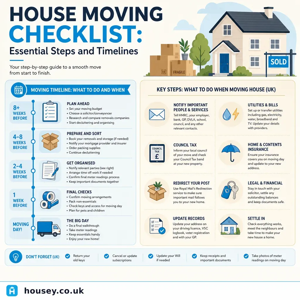 Infographic illustrating: House Moving Checklist: Essential Steps and Timelines