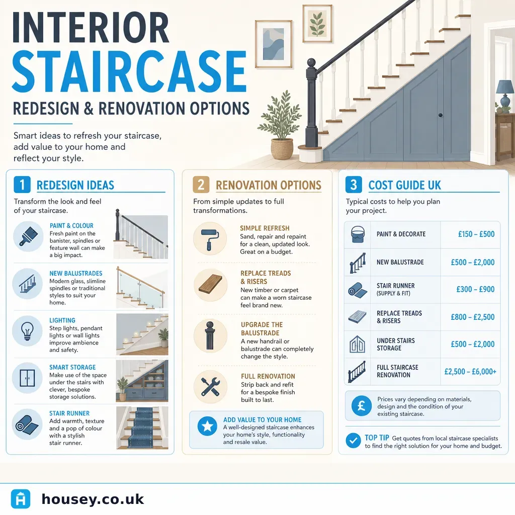 Infographic illustrating: Interior staircase redesign and renovation options