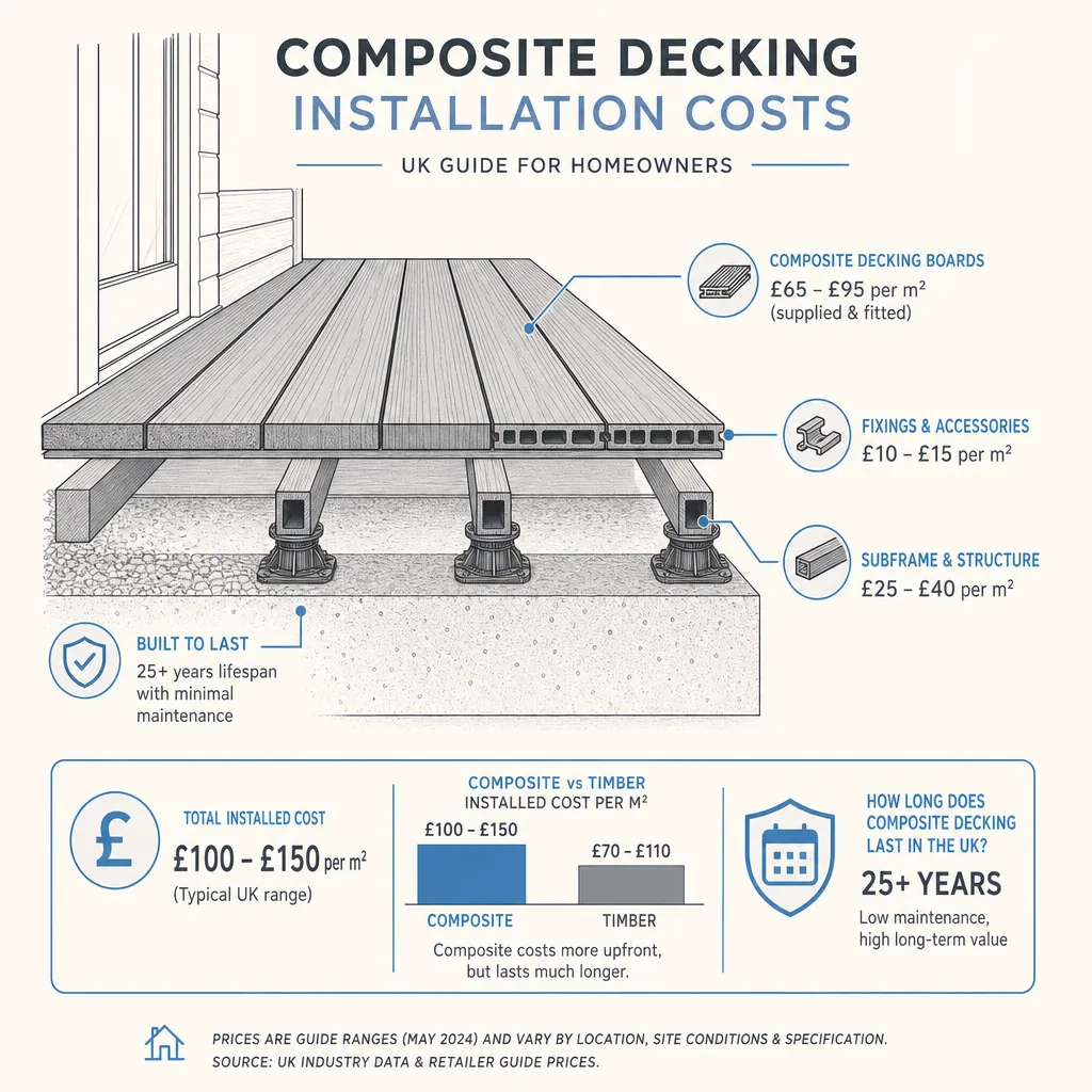Diagram illustrating: Composite Decking Installation Costs