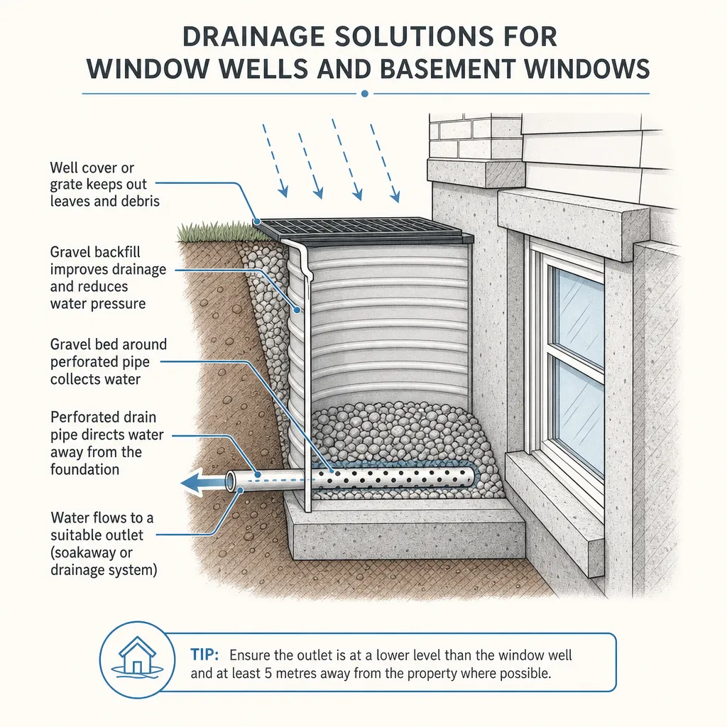 Diagram illustrating: Drainage solutions for window wells and basement windows
