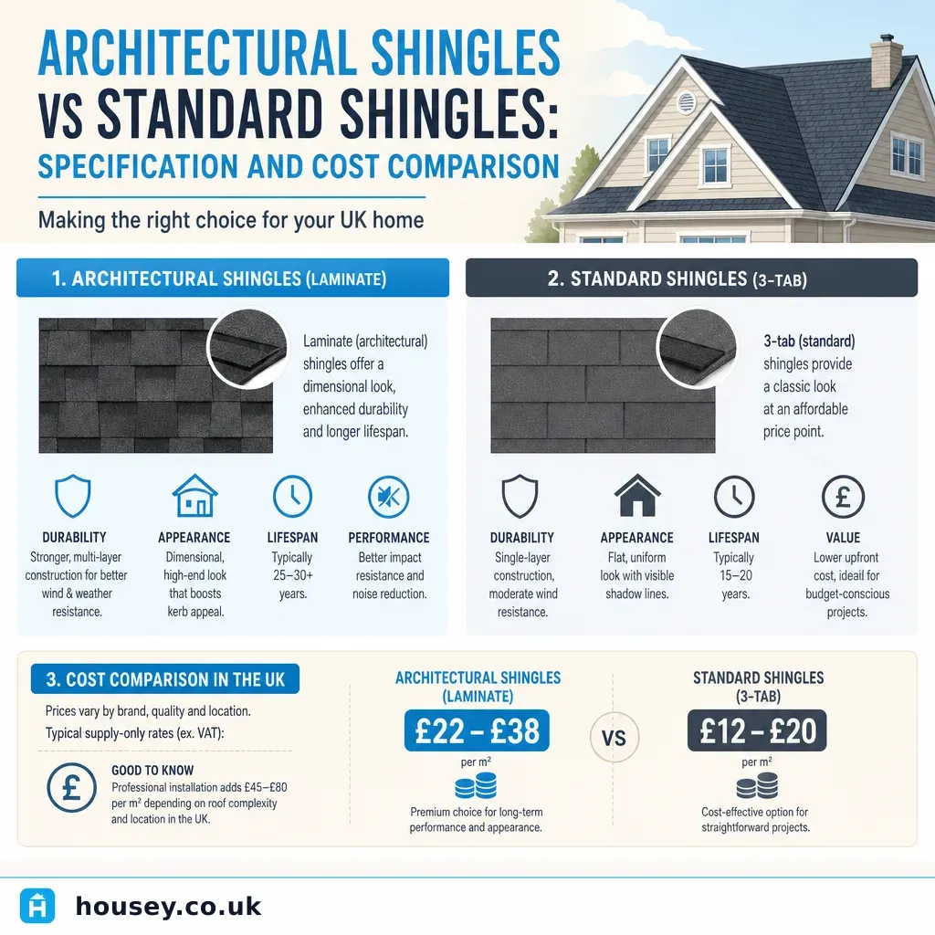 Infographic illustrating: Architectural Shingles vs Standard Shingles: Specification and Cost Comparison