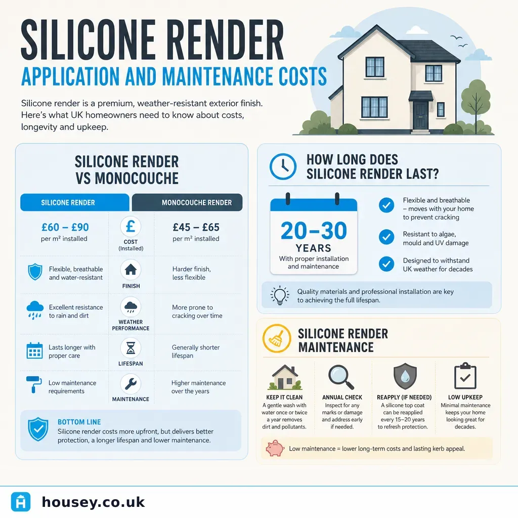 Infographic illustrating: Silicone Render Application and Maintenance Costs
