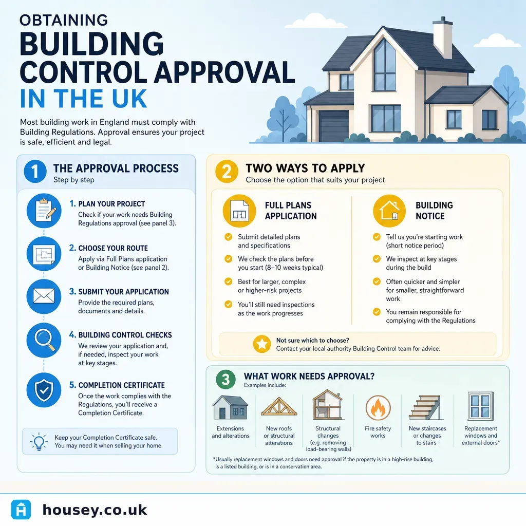 Infographic illustrating: Obtaining Building Control Approval in the UK