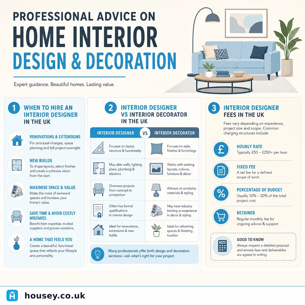 Infographic illustrating: Professional Advice on Home Interior Design and Decoration