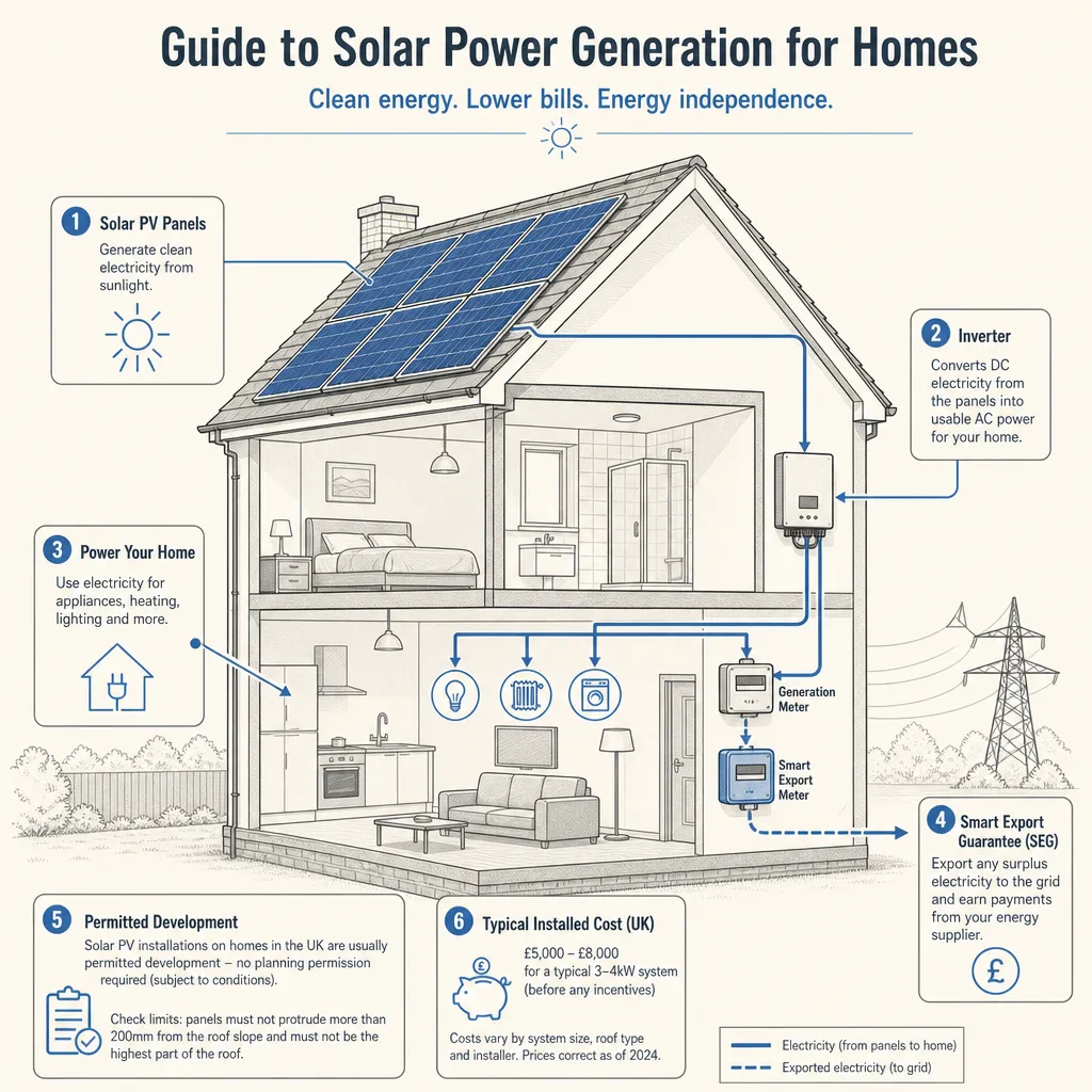 Diagram illustrating: Guide to Solar Power Generation for Homes