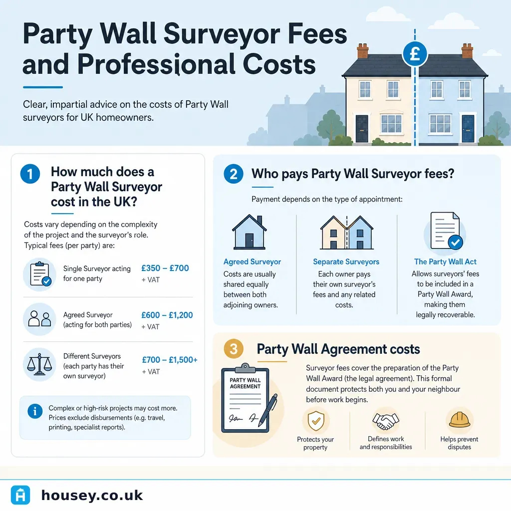 Infographic illustrating: Party Wall Surveyor Fees and Professional Costs