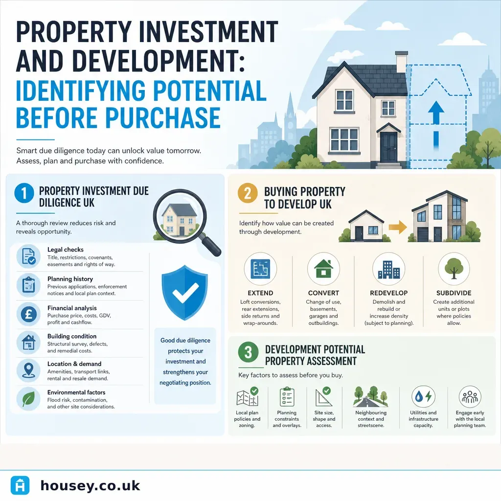 Infographic illustrating: Property Investment and Development: Identifying Potential Before Purchase
