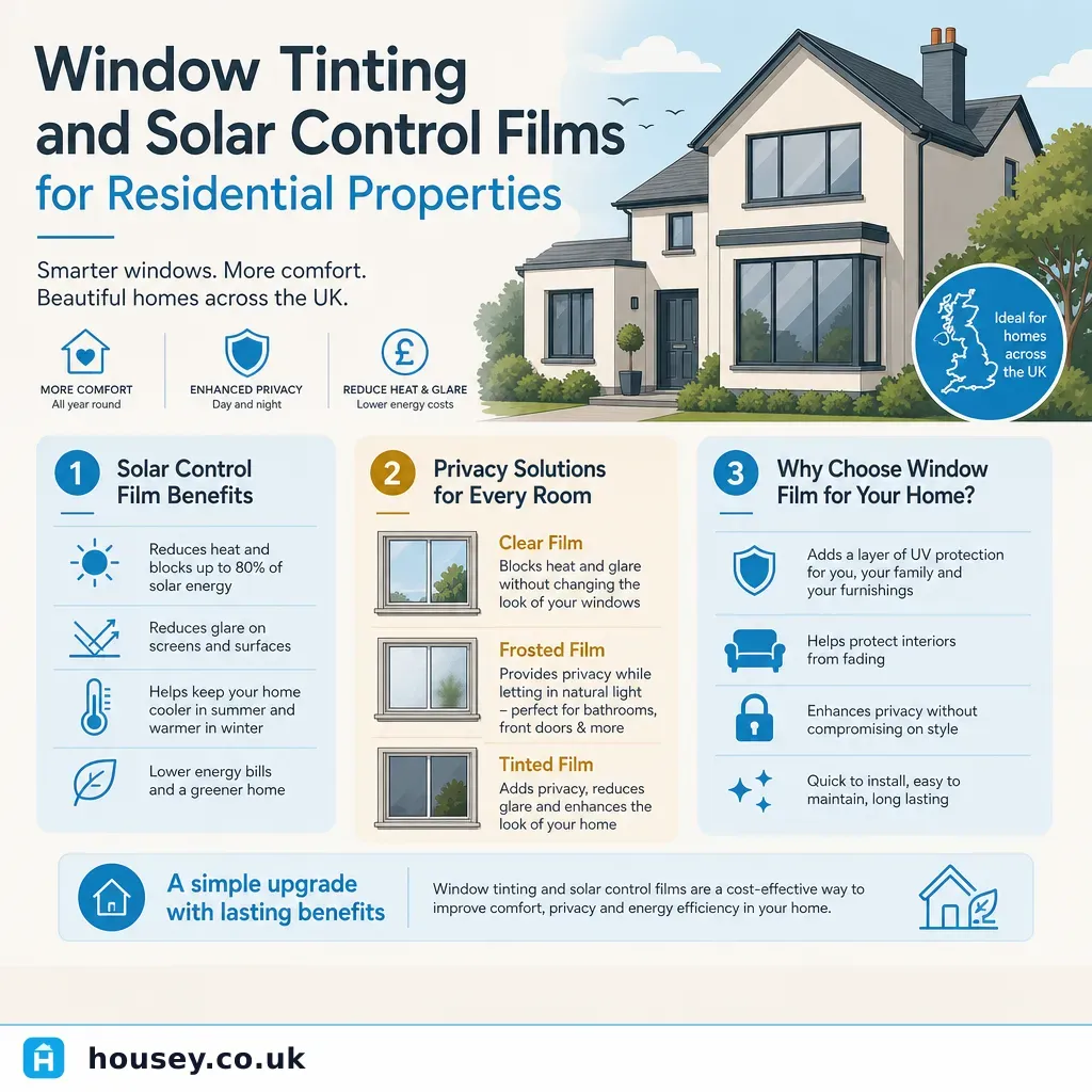 Infographic illustrating: Window Tinting and Solar Control Films for Residential Properties