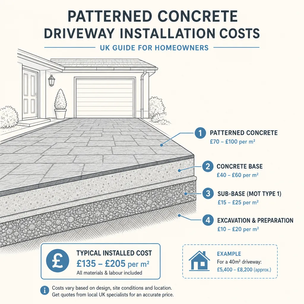 Diagram illustrating: Patterned Concrete Driveway Installation Costs