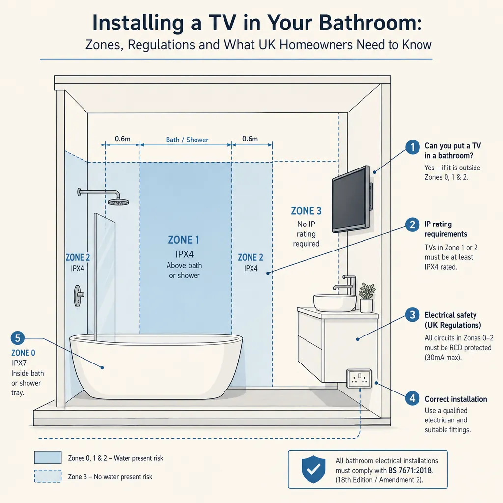 Diagram illustrating: Installing a TV in Your Bathroom: Zones, Regulations and What UK Homeowners Need to Know