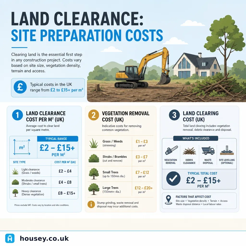 Infographic illustrating: Land Clearance: Site Preparation Costs