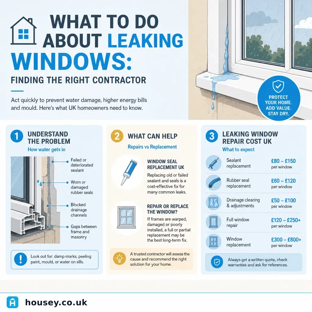 Infographic illustrating: What To Do About Leaking Windows: Finding The Right Contractor