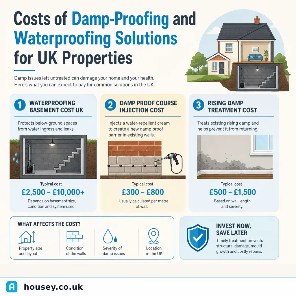 Infographic illustrating: Costs of Damp-Proofing and Waterproofing Solutions for UK Properties