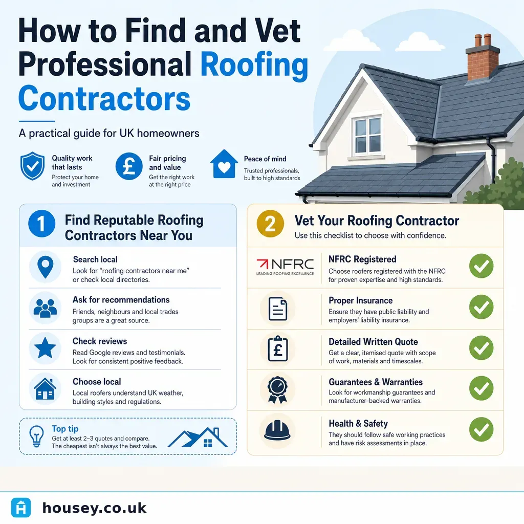 Infographic illustrating: How to Find and Vet Professional Roofing Contractors