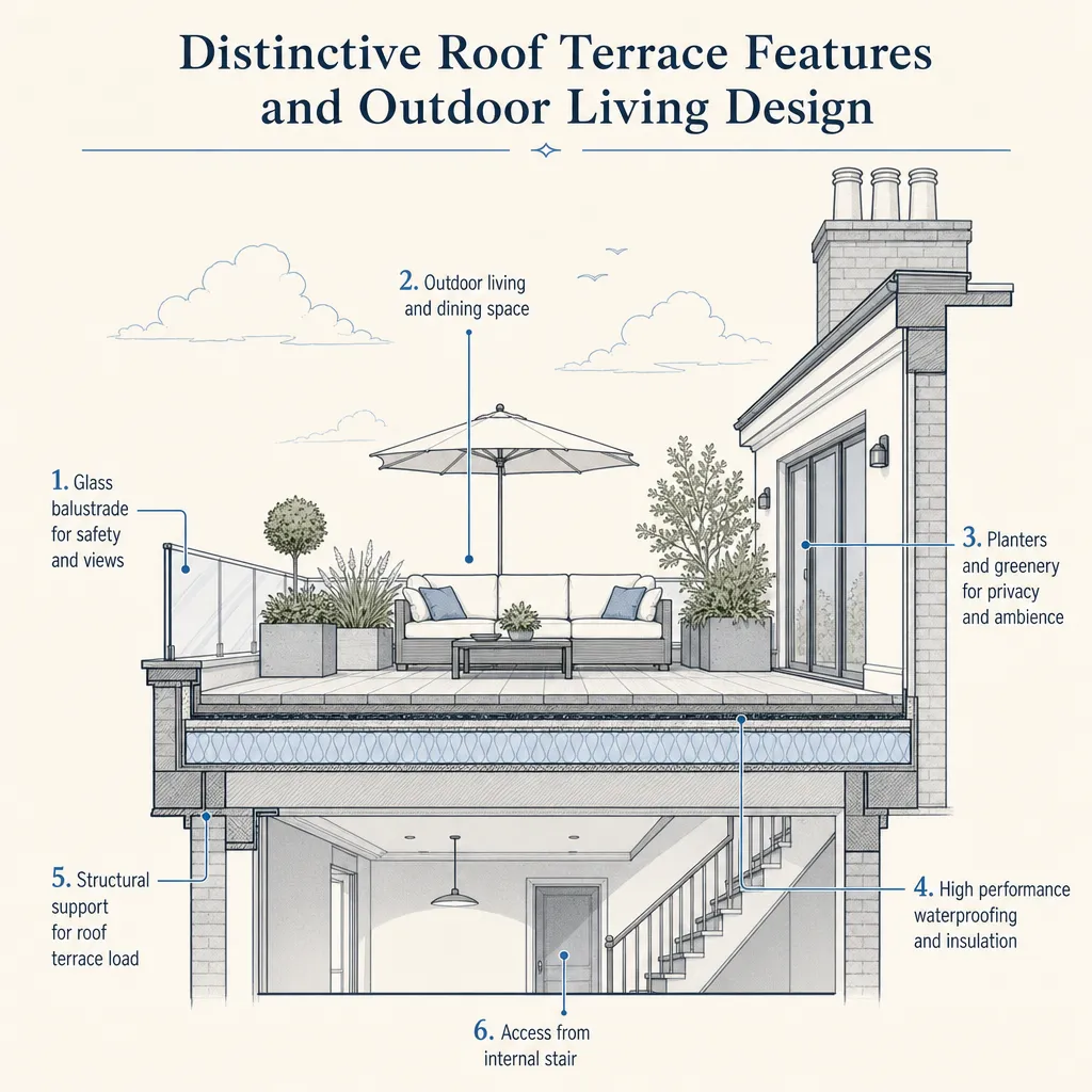 Diagram illustrating: Distinctive Roof Terrace Features and Outdoor Living Design