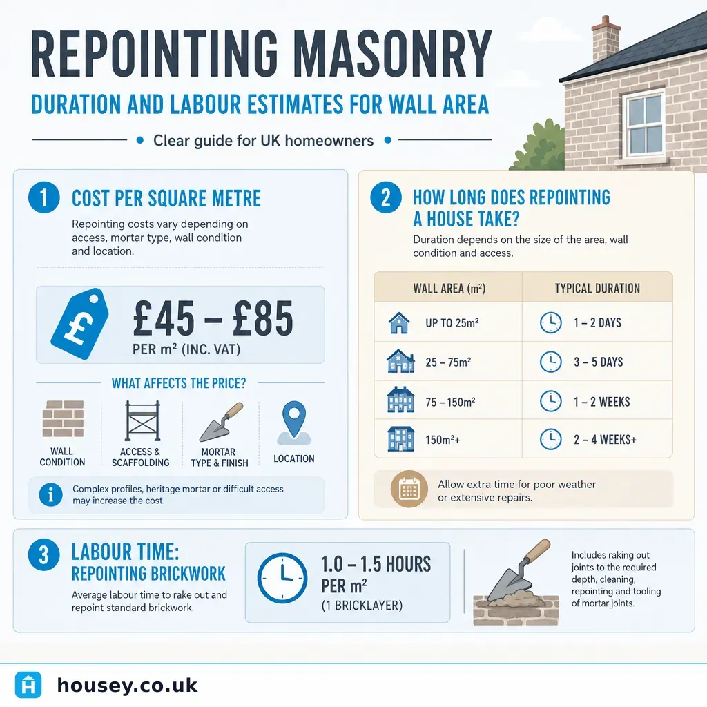 Infographic illustrating: Repointing Masonry: Duration and Labour Estimates for Wall Area