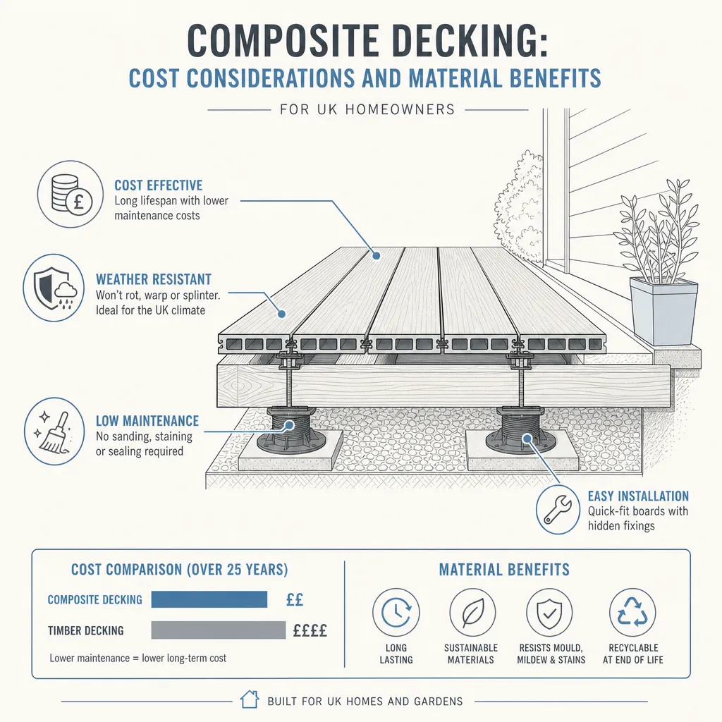 Diagram illustrating: Composite Decking: Cost Considerations and Material Benefits