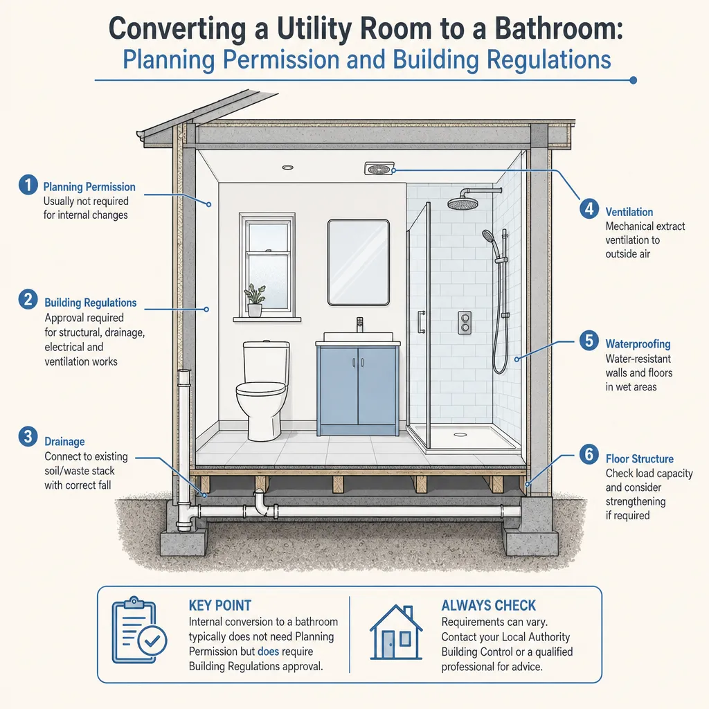 Diagram illustrating: Converting a Utility Room to a Bathroom: Planning Permission and Building Regulations