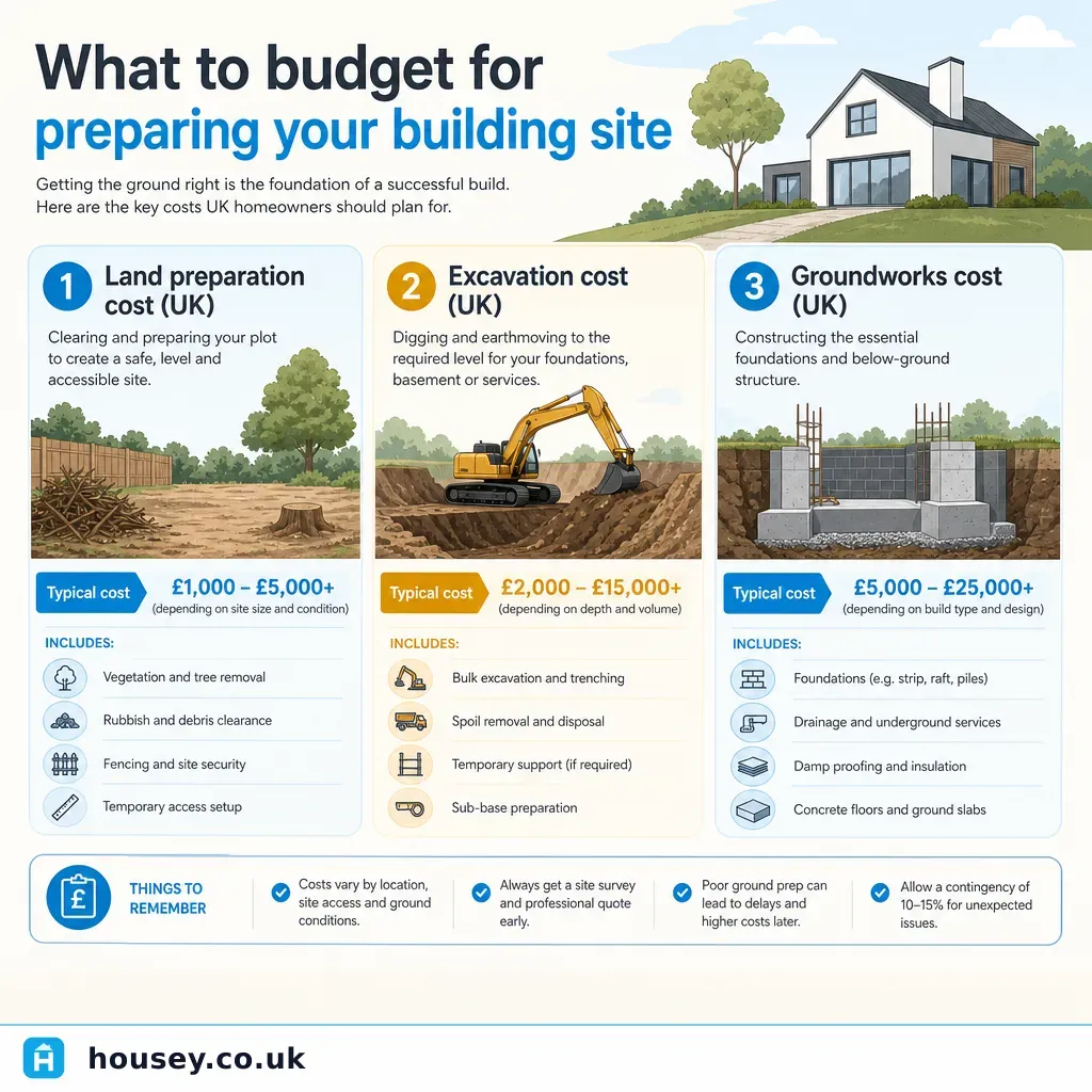 Infographic illustrating: What to budget for preparing your building site