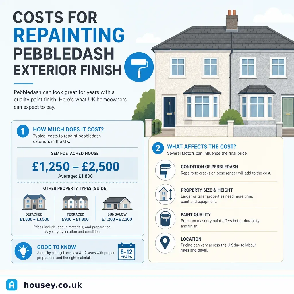 Infographic illustrating: Costs for Repainting Pebbledash Exterior Finish