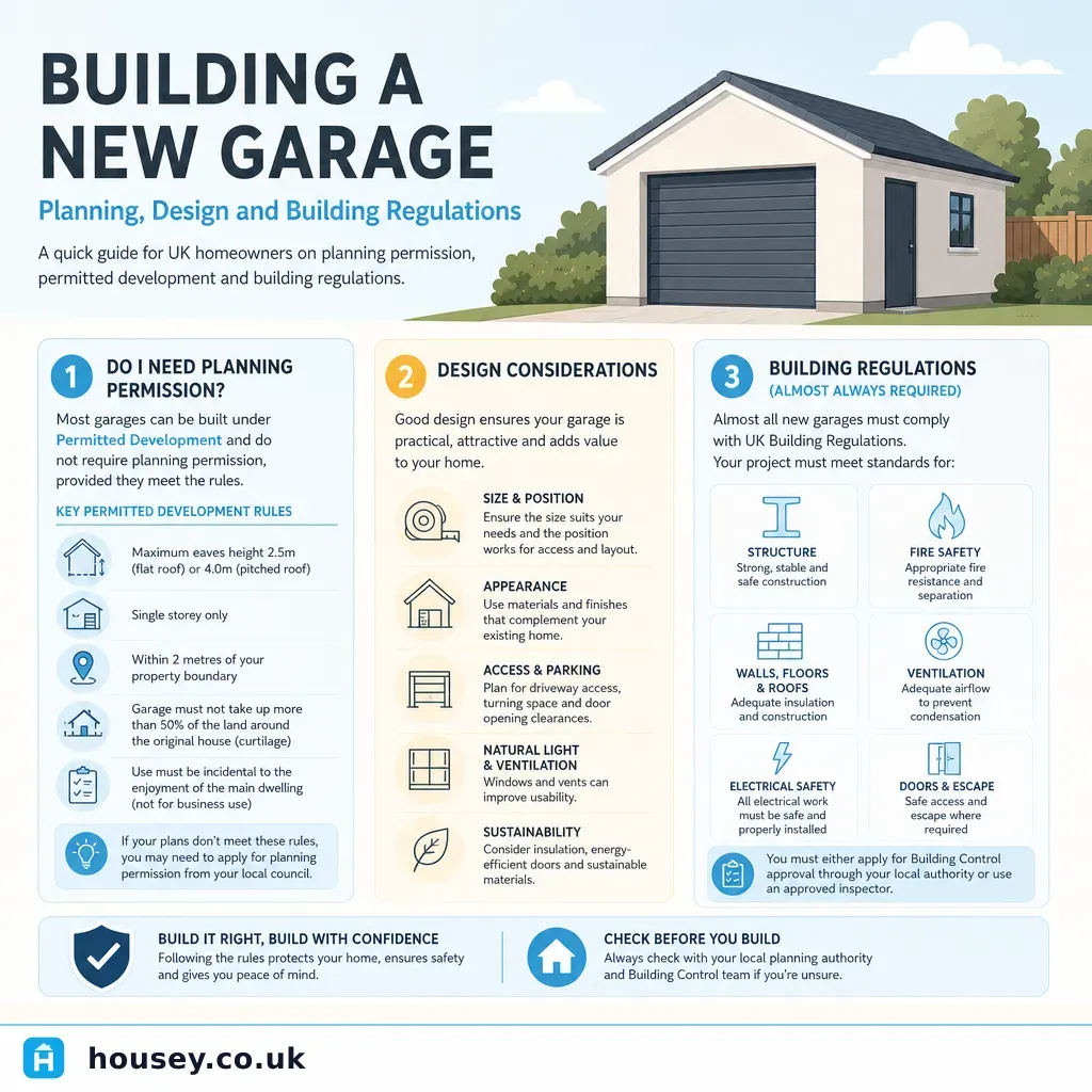 Infographic illustrating: Building a New Garage: Planning, Design and Building Regulations