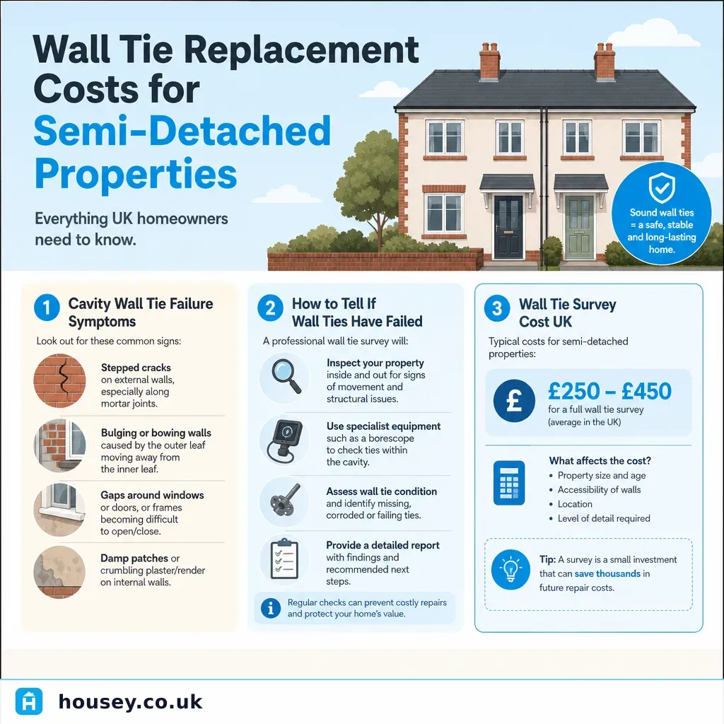 Infographic illustrating: Wall Tie Replacement Costs for Semi-Detached Properties